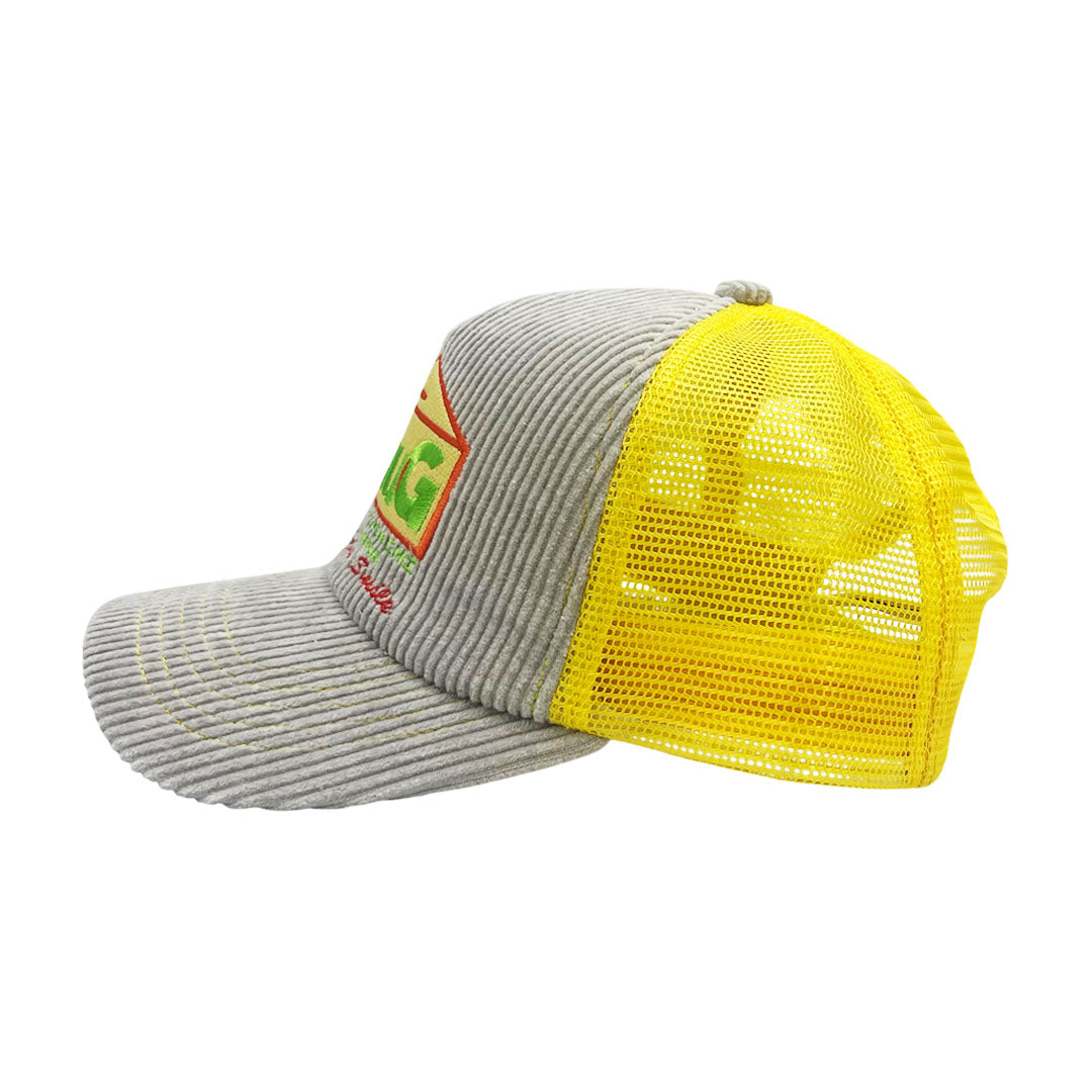 LAUG HOME LOGO CORDUROY TRUCKER HAT GREY/YELLOW